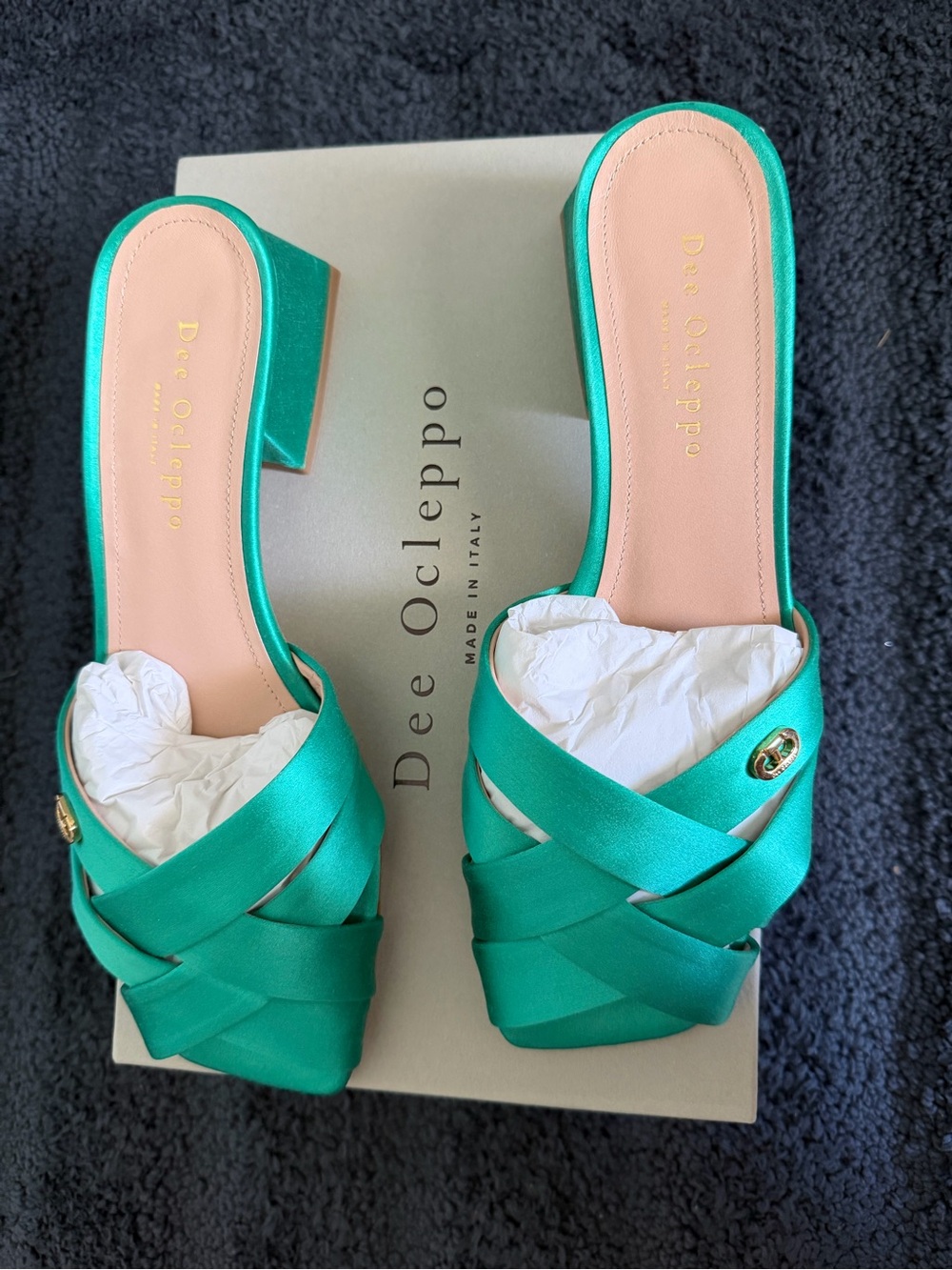 Dee Ocleppo Green Satin Crossover Slide Mules